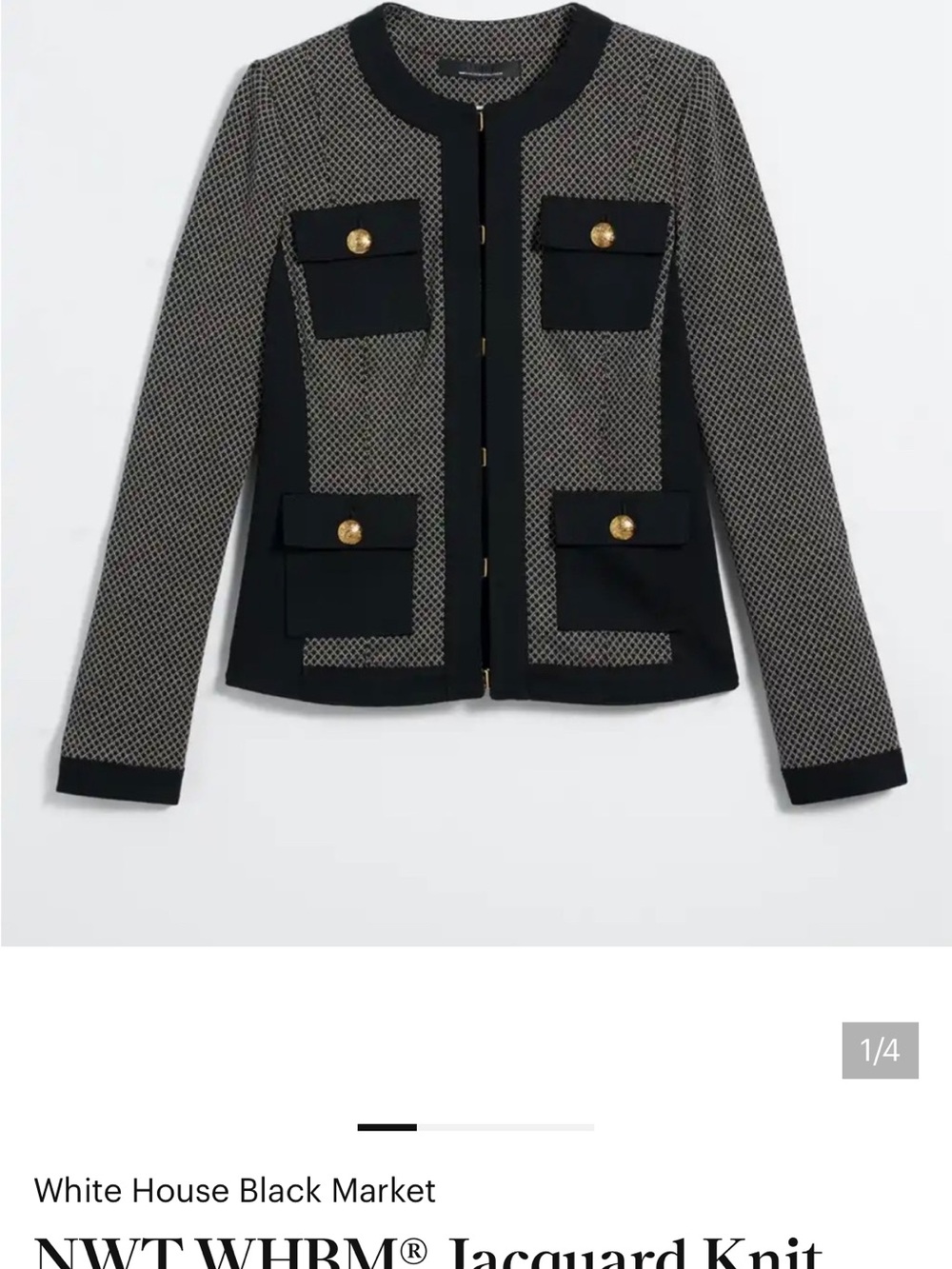 White House Black Market Black & Gray Jacquard Pocket Jacket with Gold Buttons
